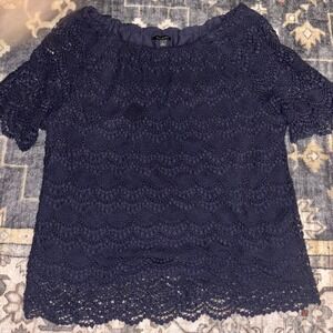 Talbots Women's Size LARGE Navy Cotton Scalloped Lace Knit Lined Short Sleeve